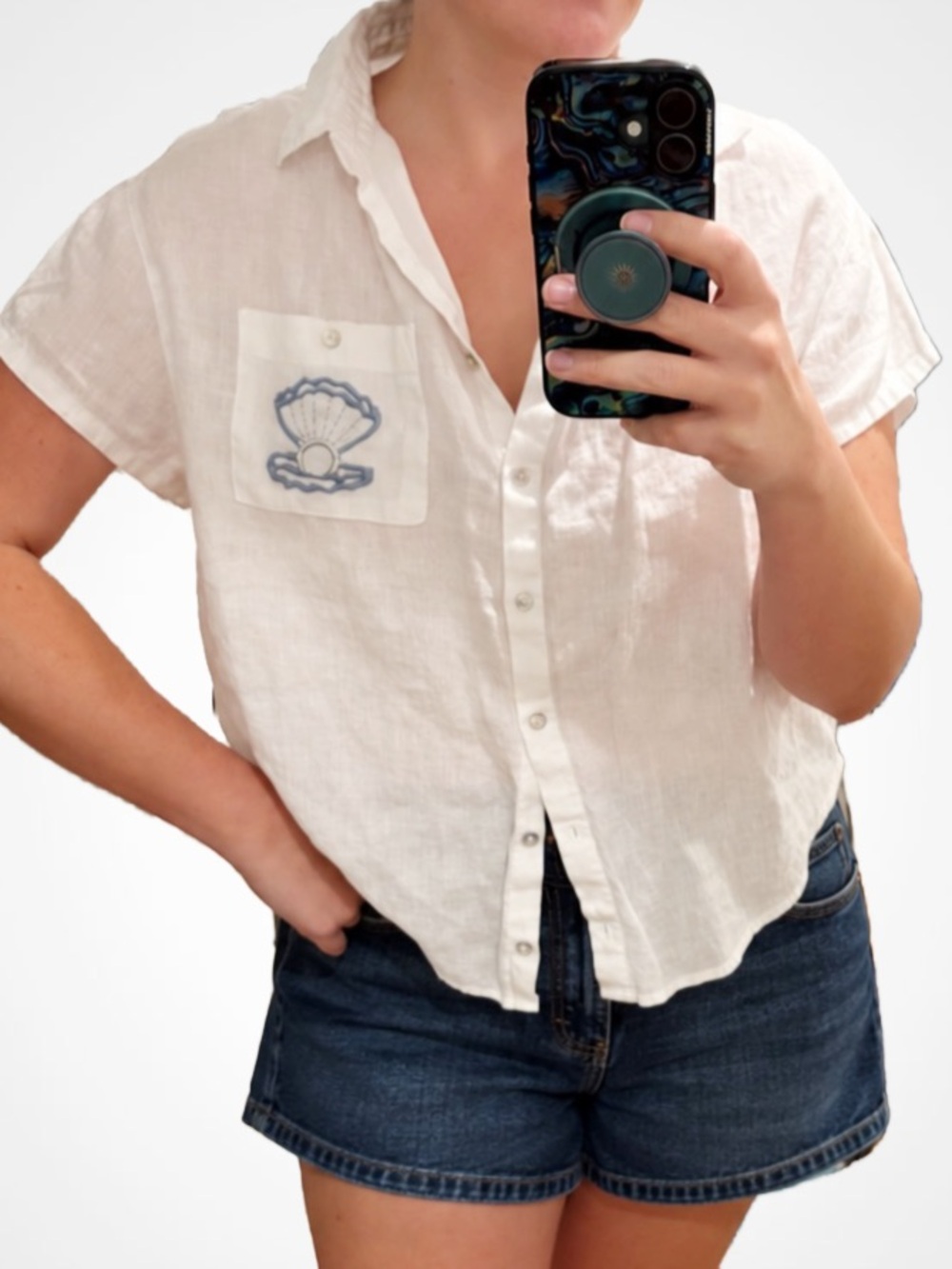 Nicole Miller 100% Linen Buttown Down, Abalone Buttons, L - Custom Embroidery
